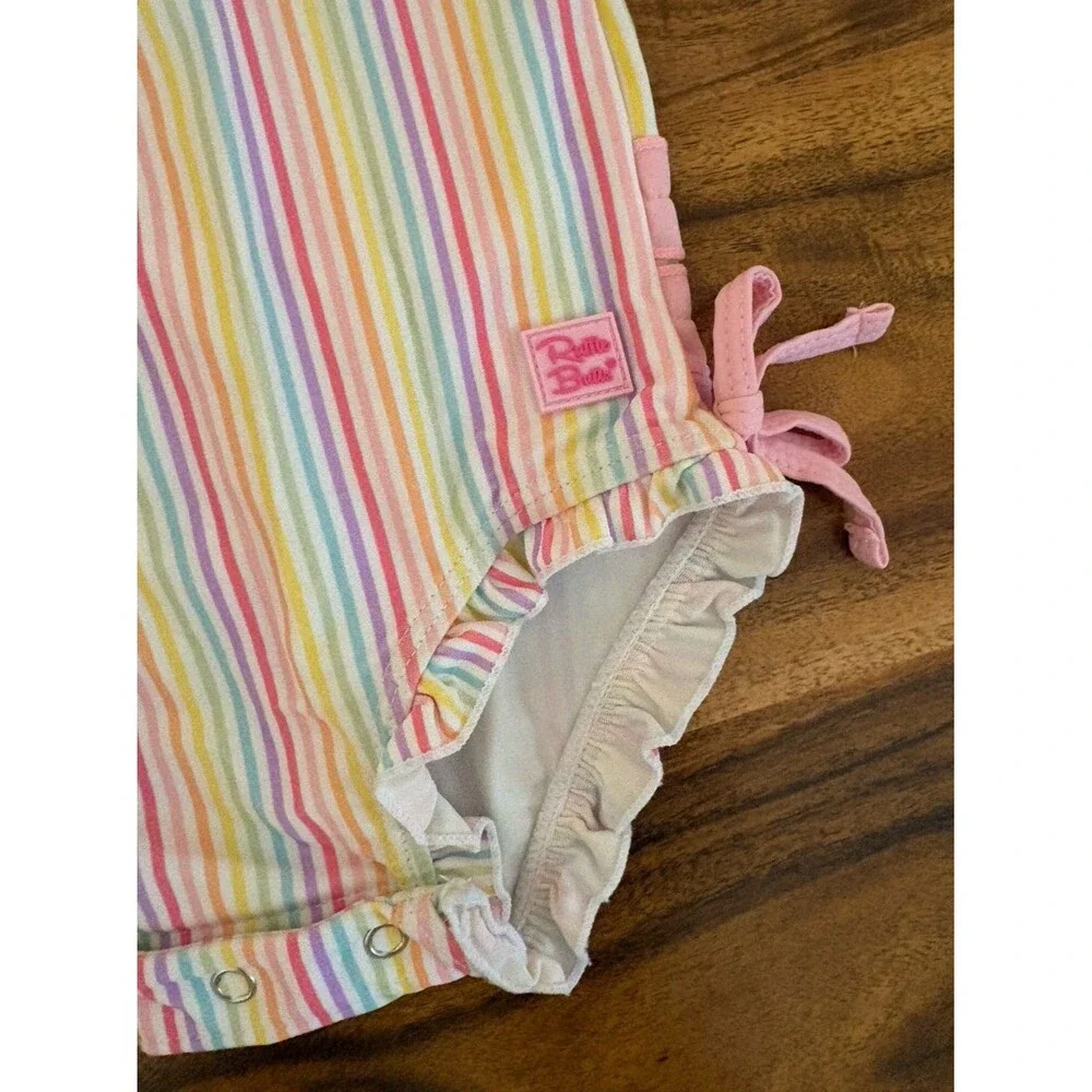 RuffleButts One-Piece Rashguard Swimsuit, Rainbow Stripes, Size 3T